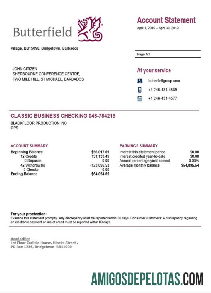 Exemplo de extrato bancário Butterfield de Barbados